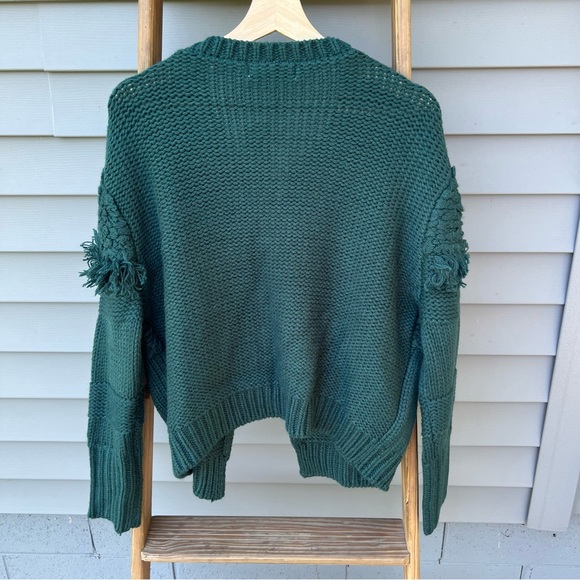 -new- DO + BE forest green wool blend fringe chunky knit open front cardigan - Picture 6 of 7